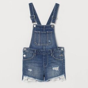 H&M Girls Denim Overalls Shorts Lace Trim Distressed